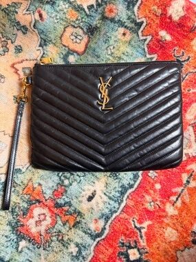 Yves Saint Laurent Black Chevron Quilted Leather Wristlet Clutch with Gold YSL